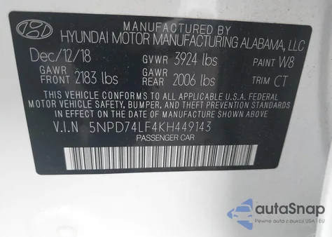 2019 Hyundai Elantra Se z USA, uszkodzony, nr VIN 5NPD74LF4KH449143